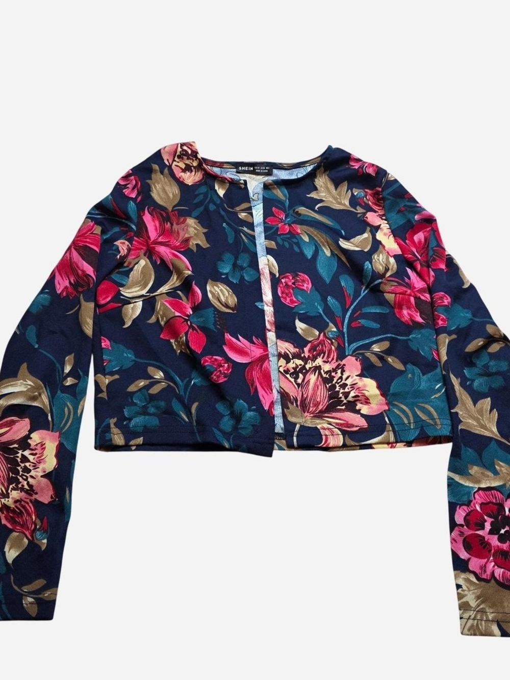 Navy Floral Cropped Blazer with Pink & Teal Blooms